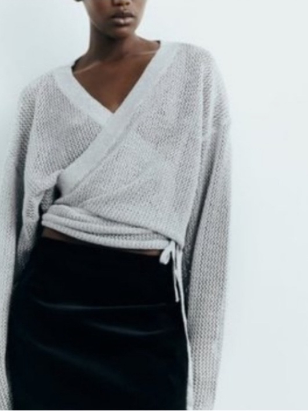 Zara Metallic Thread Silver V-Neck Wrap Around Cardigan Sweater NWT 21-24” p2p